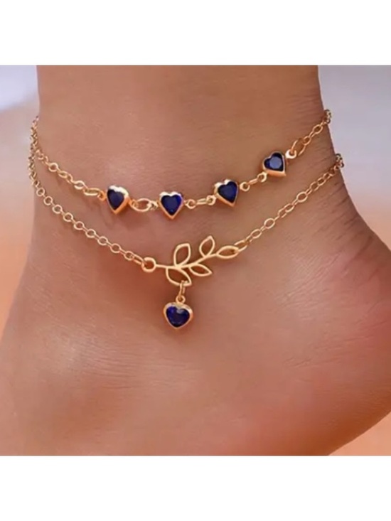 Jewelry - Blue Heart and Leaf Gold Toned Anklet